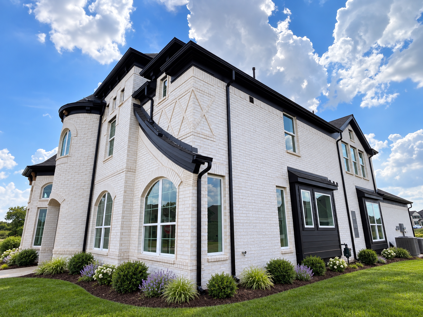 White brick home with black roofline gutters and downspouts under a blue sky