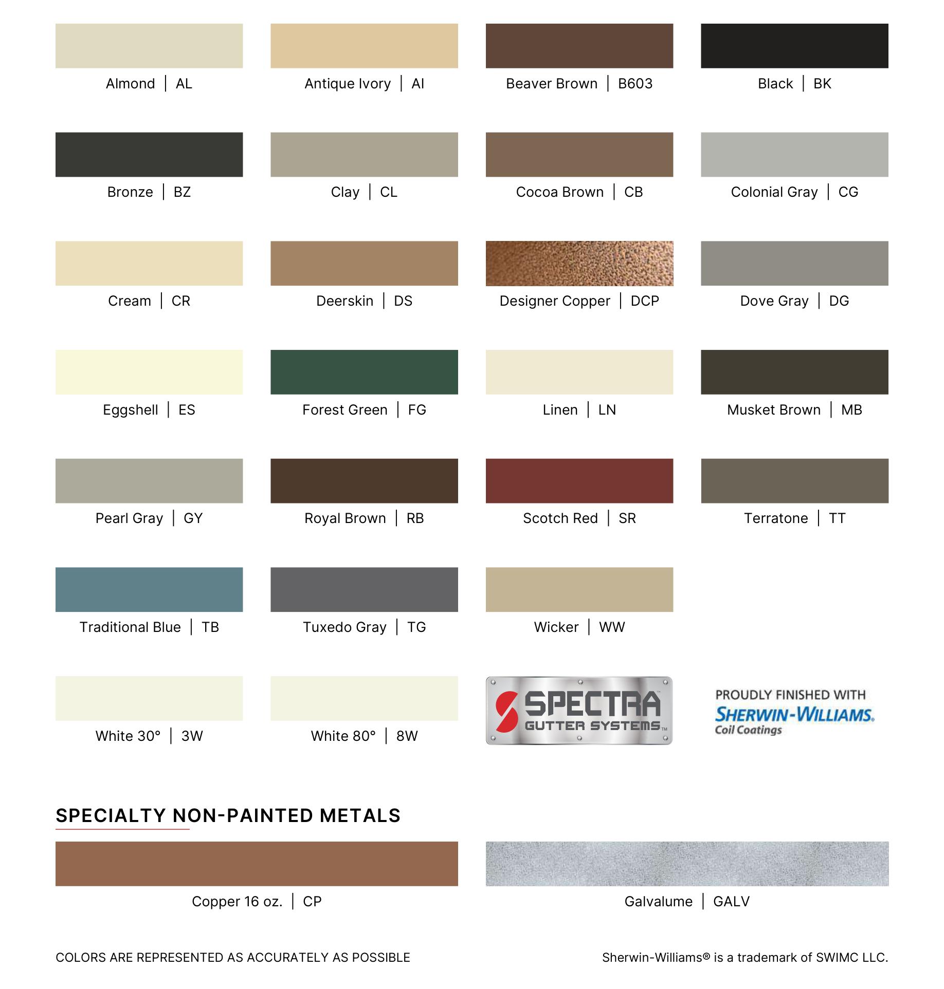 Spectra Gutter Systems original color chart with 25 painted colors and two specialty non-painted metals. Names and codes are available in the text version below.